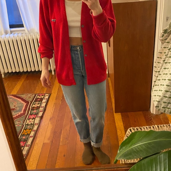 Vintage 'The Fox Sweater' JC Penny - Red Large Grandpa Cardigan - Picture 3 of 6